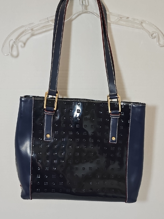 Arcadia Handbags - Arcadia Navy Patent Shoulder Tote with Gold Hardware